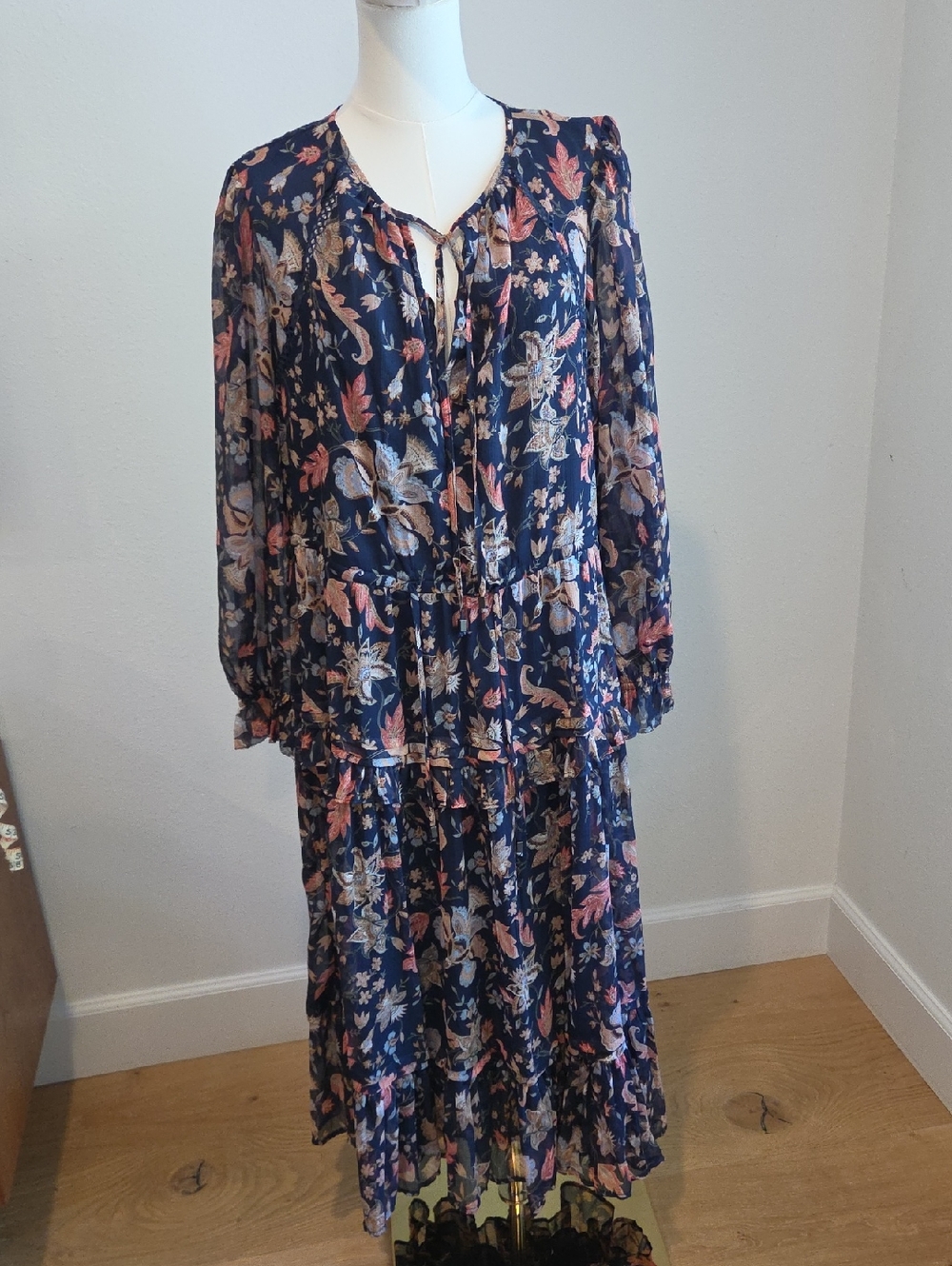 Sam Edelman Navy Floral Tiered Long-Sleeve Maxi Dress